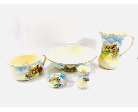 A Falcon Ware wash stand set, comprising wash bowl and jug, chamber pot, lidded dish and vase. Estimate: £15-30