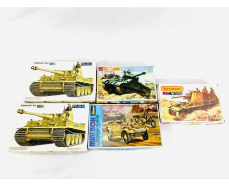 Five plastic model kits to include Matchbox 1/76 Wespe tank; Matchbox 1/76 Sherman Firefly tank;Hasegawa 1/76 Kubelwagen and 