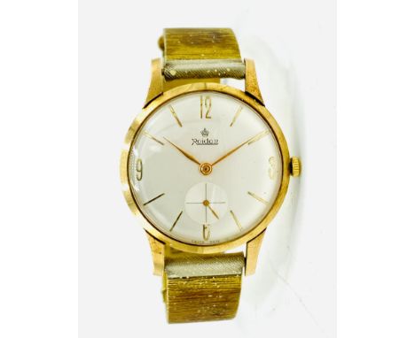 Roidor manual wind wrist watch in 9ct gold case on gold coloured bracelet strap, with second hand dial and engraved on back '