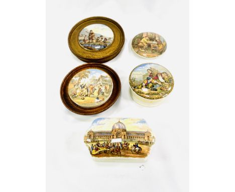 Three ceramic pot lids, together with two ceramic pots with lids. Estimate: £30-50