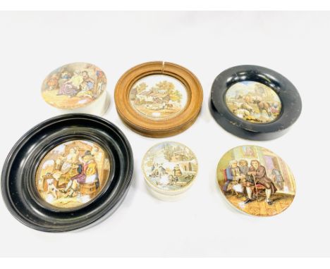 A collection of four ceramic pot lids, together with two ceramic pots. Estimate: £30-50