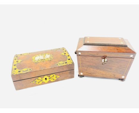 A rosewood tea caddy, 22 x 12 x 15cm; together with a brass mounted walnut playing card box, 23 x 15 x 8cm. Estimate: £40-60