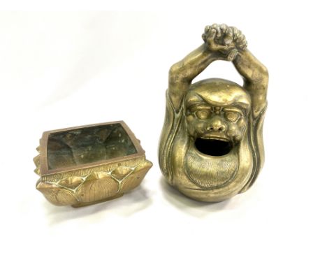 A brass figure with open mouth and opening to the rear, 20cm; a brass square sided planter decorated with leaves, 13 x 13 x 7