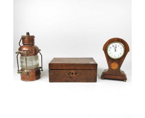 A copper lamp, together with an 18th century walnut box and an Edwardian Mappin &amp; Webb mantel clock, 24cm high (3)