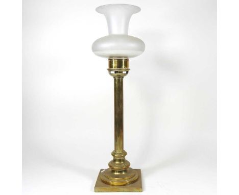 A brass candle lamp, with an opaque glass shade, 53cm highGenerally dirty and tarnished but usable. The middle lifts out ok, 
