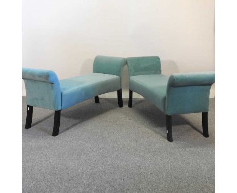 A pair of modern turquoise upholstered window seats, on splayed legs (2)130w x 41d x 59h cmBoth are dusty with light marks an