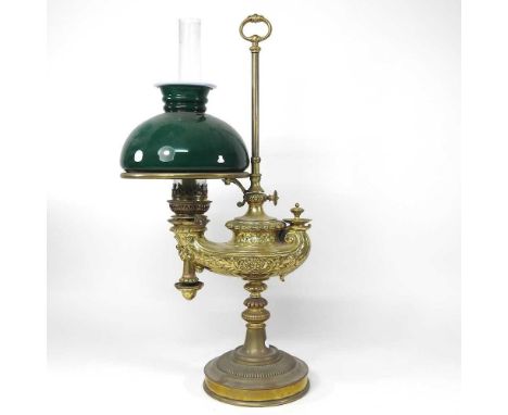 An early 20th century brass adjustable oil lamp, by Wild and Wessel, with a green glass shade, 58cm highOverall appears to be