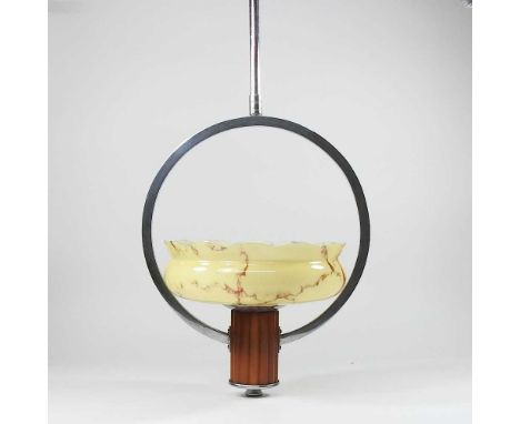 An Art Deco chrome pendant ceiling light with glass shade, 63cm high overall
