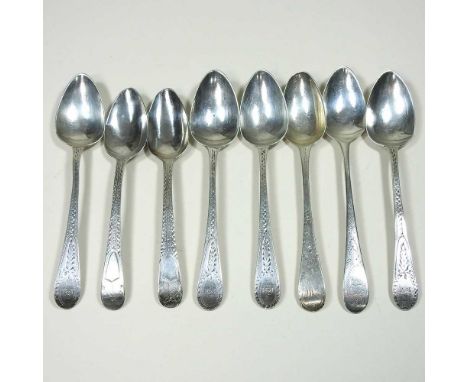 A collection of eight silver teaspoons, with bright cut decoration, by London makers Peter and Ann Bateman, 1793-1799, 107g g