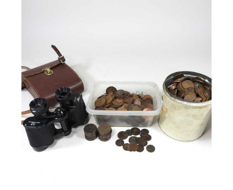 A collection of pre-decimal coins, together with a pair of Steiner Bayreuth binoculars