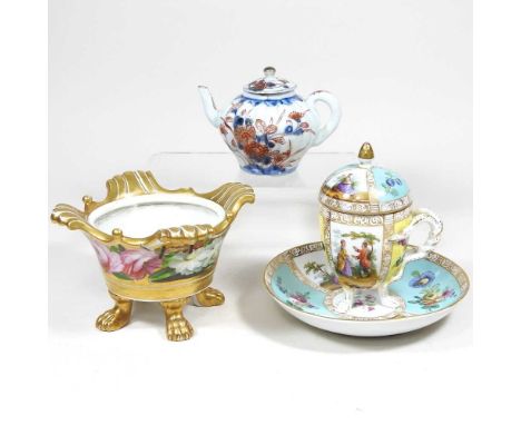 A Meissen chocolate cup, saucer, together with a Chinese teapot and an early 19th century Spode style pot, painted with flowe