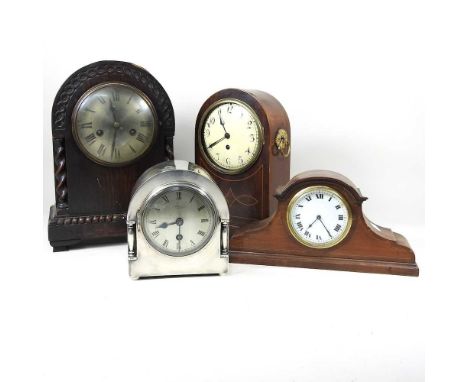 An early 20th century silver plated mantle clock, signed Benson, together with three other various clocks, tallest 33cm (4)