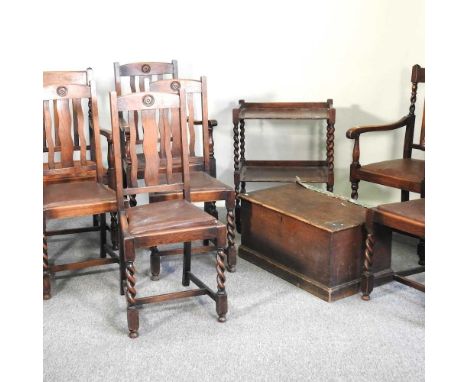 A near set of seven 1920's oak dining chairs, together with an oak trolley and a pine trunk, 77cm wide (9)