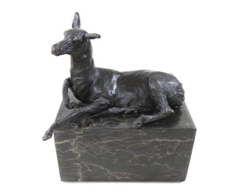 A bronze model of a deer, on a marble plinth, 14cm high