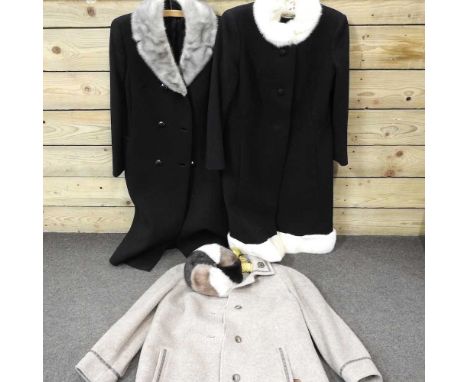 A vintage black woollen coat with white fur trim, by Defarbre, France, a similar coat, an Alpaca and mohair brown coat and a 