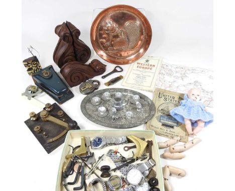 A collection of vintage wristwatches, together with metalwares, a miniature teaset and an Eastern copper dish, 22cm diameter