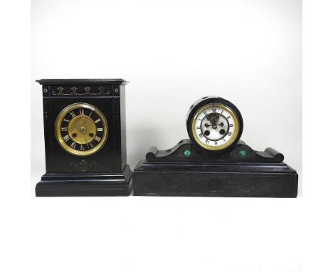 A Victorian black slate mantel clock, 29cm high, together with another smaller (2)