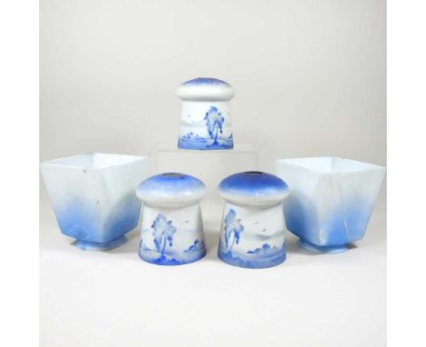 A set of three blue glass oil lamp shades, decorated with landscapes, together with a pair of blue (5) The pair are 15cm H.