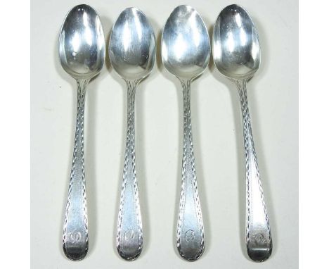 Four silver bright cut feather edge teaspoons, George Smith, London 1774, 56g gross (4)