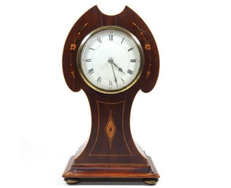 An Edwardian inlaid balloon shaped mantel clock, with a white enamel dial, 27cm high