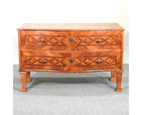 An early 20th century continental parquetry serpentine chest, containing two long drawers128w x 64d x 79h cm