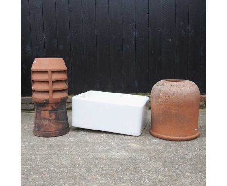 A terracotta rhubarb forcer, together with a chimney pot and a white glazed butler's sink (3)Rhubarb 41w x 45h cm