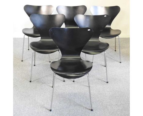 A set of six Fritz Hansen design black bentwood dining chairs, paper label to base (6)Complete and usable, with light signs o