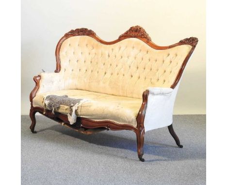 A Victorian style cream upholstered show frame sofa, on cabriole legs174w x 62d x 110h cm