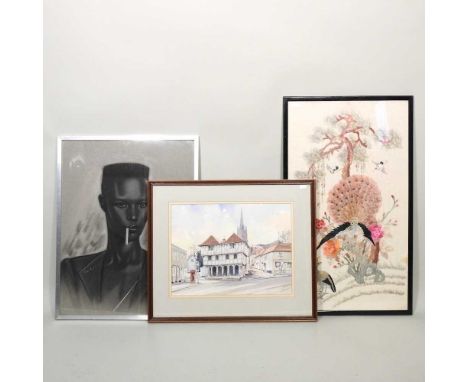 English school, 20th century, view of Thaxted, together with a portrait of Grace Jones and a silkwork picture (3)