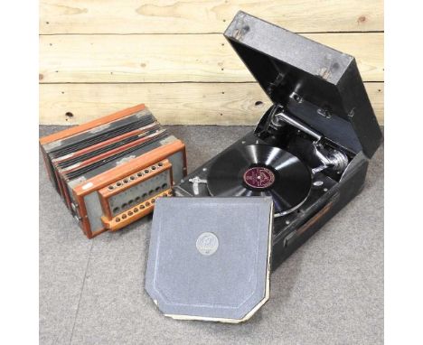 An early 20th century Columbia wind up gramophone, with records, together with an early 20th century continental accordion, 3