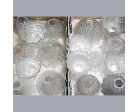 A collection of holophane style glass light shades, largest 19cm diameter