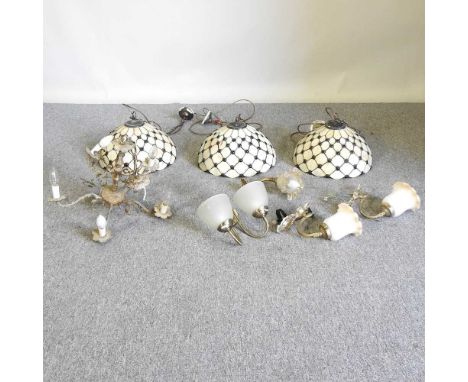 Three Tiffany style light shades, 35cm diameter, together with a chandelier and wall lights