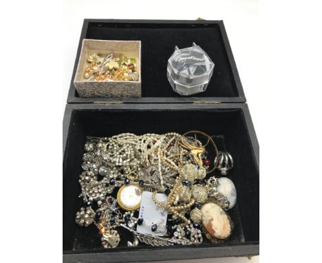 A Box of costume jewellery which includes fresh water pearl necklaces with 9ct &amp; silver clasps. Savoy pocket watch, Silve