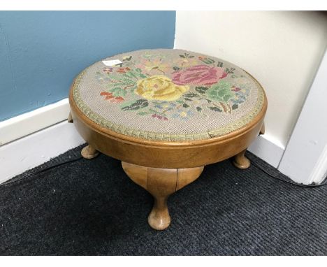 Small light oak round foot stool with rose cover Diameter 36cm standing 22cm tall 
