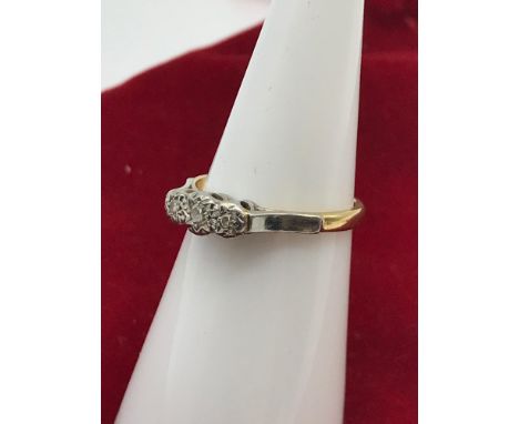 18CT Gold &amp; Platinum ladies ring set with 3 diamonds. Size J. 