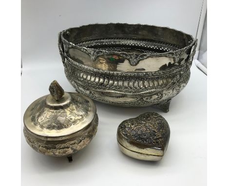 A Large Indian silver plate swing handle basket together with two silver plate trinket boxes. 