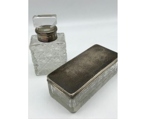 A London silver rimmed cut crystal perfume bottle, Edinburgh silver topped and cut crystal trinket box and Birmingham silver 