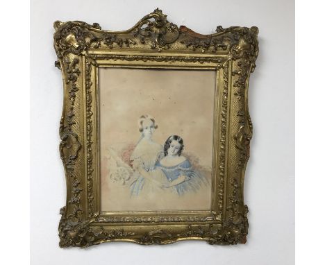 A Victorian Watercolour portrait of Mother &amp; Daughter sitting, by Artist Noel Carter dated 1842. Fitted within a highly o