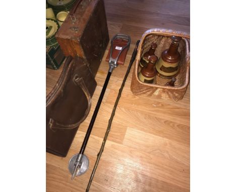 A Lot of various items to include Wicker handle basket, Shooting stick, Unusual walking stick, Wooden case and leather travel