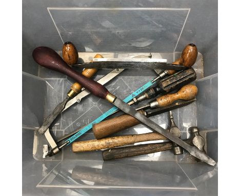 A Box of various vintage joiners tools. Includes old planer with egg shaped handles 