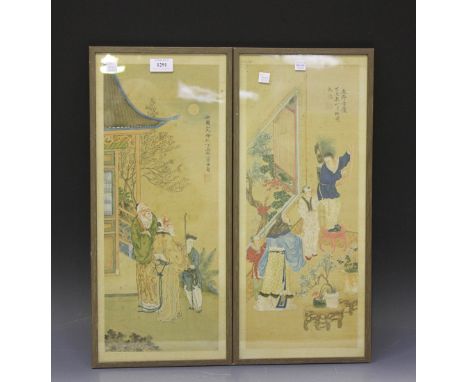 Two Chinese watercolour paintings, early 20th Century, one depicting two elders and a child standing outside a pavilion, with