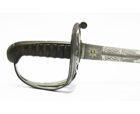 A Victorian light infantry officer's sword with slightly curved single edged blade, length approx 82.5cm, steel regulation gu