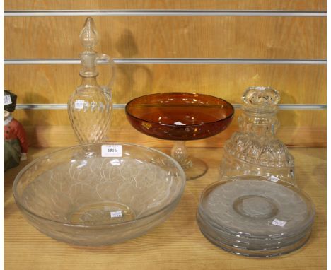 A French frosted and clear glass dessert set, decorated in relief with a band of violas, comprising a bowl, and five plates, 