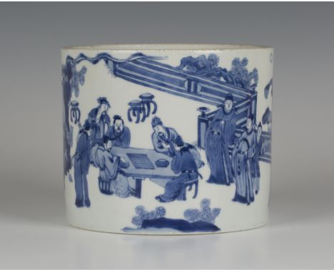 A Chinese blue and white porcelain brush pot (bitong), mark of Chenghua but Kangxi period, of cylindrical form, finely painte