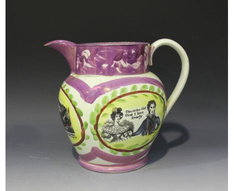A Sunderland lustre pearlware jug, early 19th Century, decorated with a titled scene of 'A West View of the Iron Bridge of Su