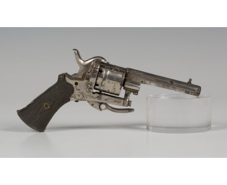 A nickel plated six shot 5mm pinfire open frame double action revolver with sighted octagonal barrel, length approx 6cm, foli