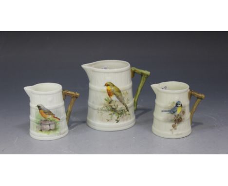Two Royal Worcester bone china cream jugs, both by William Powell, signed, of coopered tapering cylindrical form, one painted