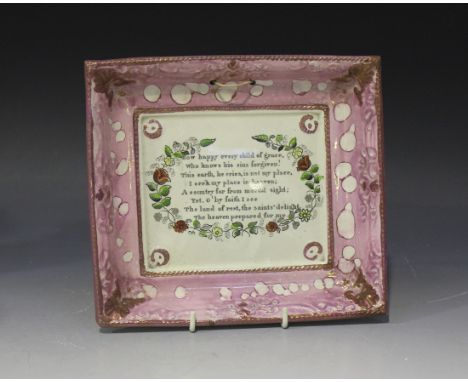 A Sunderland lustre pottery rectangular wall plaque, late 19th Century, printed with a verse 'How Happy Every Child of Grace,
