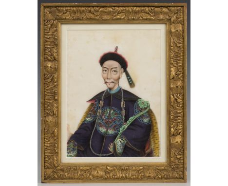 A Chinese Canton watercolour painting on rice paper, mid-19th Century, depicting a half-length portrait of the Hong Merchant 