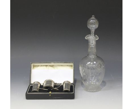 A George V silver three-piece condiment set of cylindrical form, comprising salt and pepper casters, mustard and spoon, Birmi